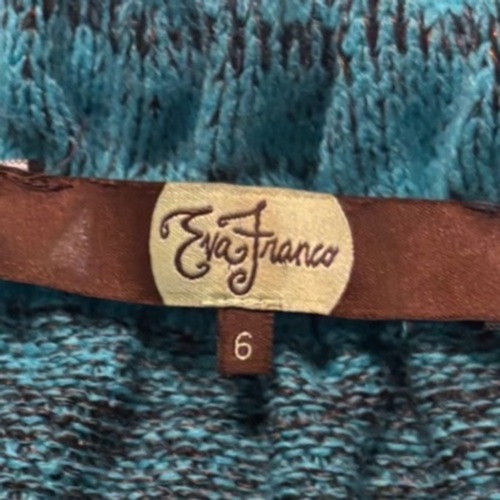 Eva Franco Teal Black Marled Knit Cardigan Sweater Tie Neck Pockets Size 6 - Picture 2 of 7